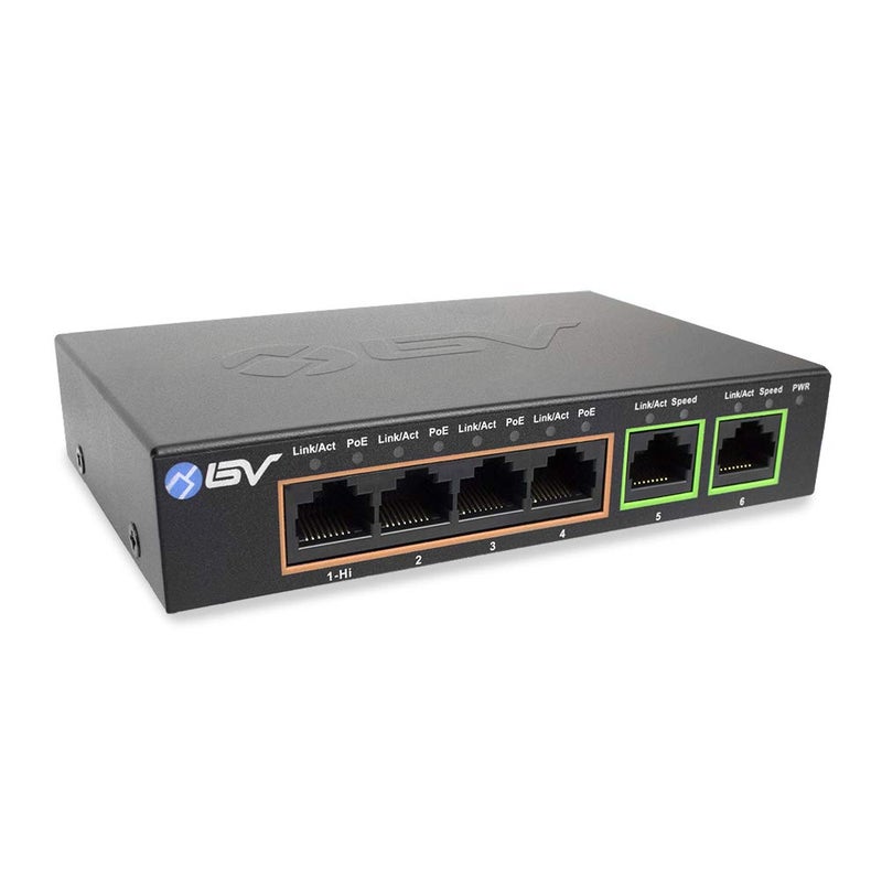BV-Tech 6 Port PoE+ Switch 4 PoE+ Gigabit Ports with 2 Gigabit Uplink â€“ 60W â€“ 802.3at + 1 High PowerPort | Desktop Fanless Design | Sturdy Metal Housing - Image 1